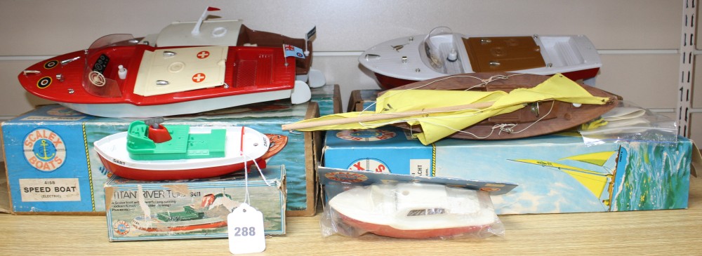 Six Scalex plastic model boats, comprising: Swift II racing yacht, complete with figure and instructions, 414 Derwent electric cabin